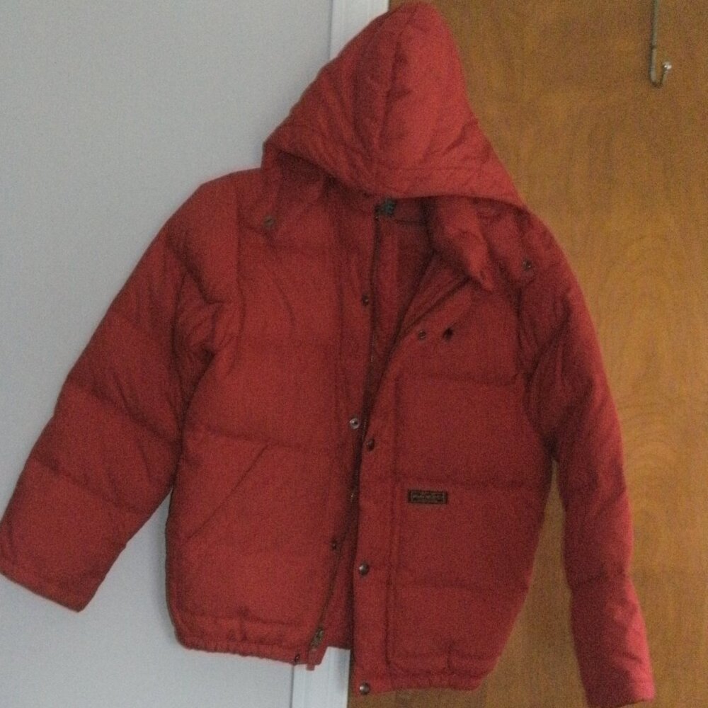 Polo Ralph Lauren Red Down Puffer Jacket Coat Zipper & Snaps Removable Hood ~ M